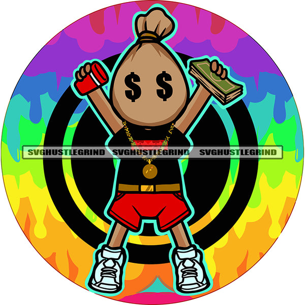 Funny Money Bag Cartoon Character Head Design Element Hand Holding Money Note And Coffee Mug Rainbow Background SVG JPG PNG Vector Clipart Cricut Silhouette Cut Cutting