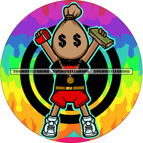 Funny Money Bag Cartoon Character Head Design Element Hand Holding Money Note And Coffee Mug Rainbow Background SVG JPG PNG Vector Clipart Cricut Silhouette Cut Cutting
