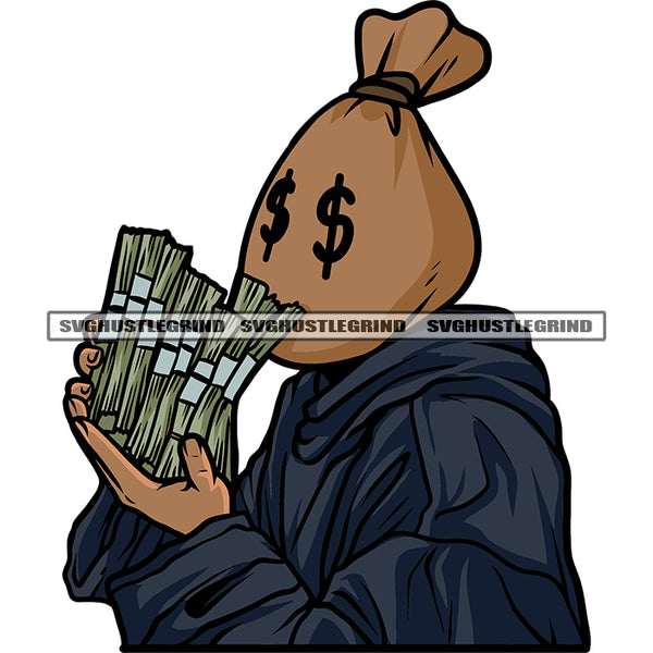 Character Hand Holding Money Bundle Funny Cartoon Character Head Money Bag Design Element Dollar Sign On Character Eyes White Background SVG JPG PNG Vector Clipart Cricut Silhouette Cut Cutting