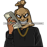 Smile Face Money Bag Cartoon Character Head Design Element Character Hand Holding Money Bundle Wearing Gold Chain White Background SVG JPG PNG Vector Clipart Cricut Silhouette Cut Cutting