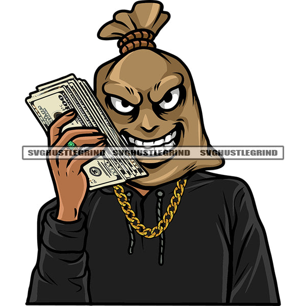 Smile Face Money Bag Cartoon Character Head Design Element Character Hand Holding Money Bundle Wearing Gold Chain White Background SVG JPG PNG Vector Clipart Cricut Silhouette Cut Cutting