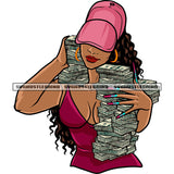 Sexy African America Woman Hand Holding Lot Of Money Bundle Afro Girls Wearing Hoop Earing And Cap Smile Face Curly Hairstyle Design Element SVG JPG PNG Vector Clipart Cricut Silhouette Cut Cutting