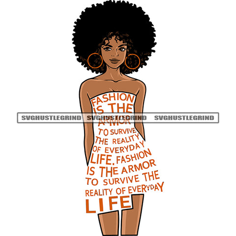 African American Girls Standing Newspaper Made Dress Afro Girls Wearing Hoop Earing Puffy Hairstyle White Background SVG JPG PNG Vector Clipart Cricut Silhouette Cut Cutting