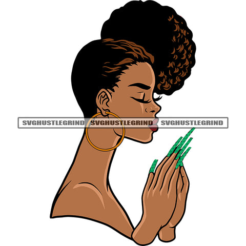 Hard Praying Hand Melanin Woman Close Eyes Side Pose Afro Long Nail Design Element African American Woman Wearing Hoop Earing White Background Red Lips SVG JPG PNG Vector Clipart Cricut Silhouette Cut Cutting