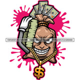 Smile Face Money Bag Cartoon Character Hand Holding Money Bundle Wearing Dollar Sign Chain Background Color Dripping SVG JPG PNG Vector Clipart Cricut Silhouette Cut Cutting
