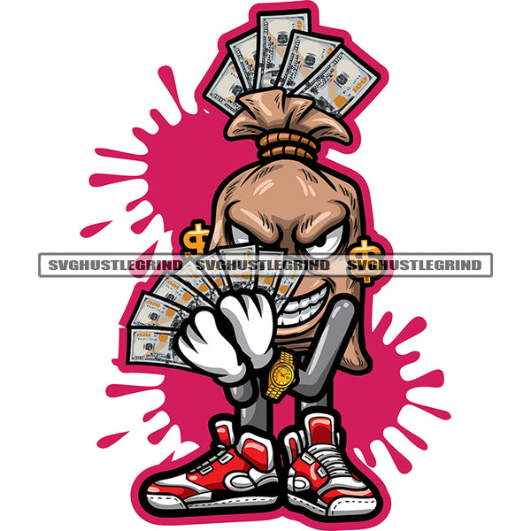 Smile Face Funny Money Bag Cartoon Character Hand Holding Money Note And Showing Design Element Dollar Sign Earing Color Dripping Background SVG JPG PNG Vector Clipart Cricut Silhouette Cut Cutting