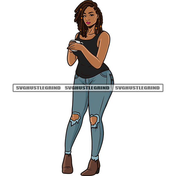 Plus Size Woman Hand Holding Coffee Mug African American Woman Standing Design Element White Background Afro Waman Wearing Sunglass SVG JPG PNG Vector Clipart Cricut Silhouette Cut Cutting