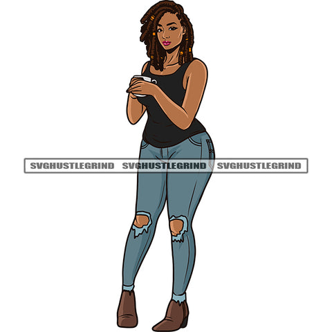 Plus Size Woman Hand Holding Coffee Mug African American Woman Standing Design Element White Background Afro Waman Wearing Sunglass SVG JPG PNG Vector Clipart Cricut Silhouette Cut Cutting