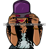 Afro Beautiful Gangster African American Girls Hand Holding Cap Curly Long Hairstyle Design Element Vector Hide Face White Background SVG JPG PNG Vector Clipart Cricut Silhouette Cut Cutting