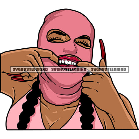 African American Woman Wearing Ski Mask And Showing Teeth Design Element Long Hairstyle White Background SVG JPG PNG Vector Clipart Cricut Silhouette Cut Cutting