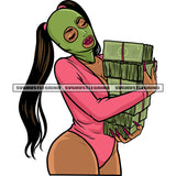 Gangster African American Woman Hand Holding Lot Of Money Bund Afro Woman Wearing Ski Mask Long Hairstyle Design Element White Background Bikini Dress SVG JPG PNG Vector Clipart Cricut Silhouette Cut Cutting
