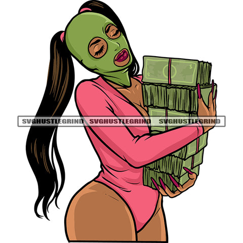 Gangster African American Woman Hand Holding Lot Of Money Bund Afro Woman Wearing Ski Mask Long Hairstyle Design Element White Background Bikini Dress SVG JPG PNG Vector Clipart Cricut Silhouette Cut Cutting