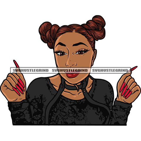 Smile Face African American Woman Wearing Winter Cloth Long Nail Design Element Afro Hairstyle SVG JPG PNG Vector Clipart Cricut Silhouette Cut Cutting