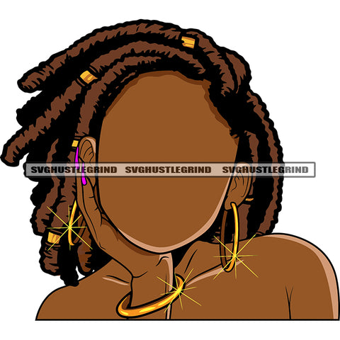 Gangster African American Woman Wearing Gold Hand Band And Hoop Earing Locus Hairstyle Design Element White Background Melanin Woman SVG JPG PNG Vector Clipart Cricut Silhouette Cut Cutting
