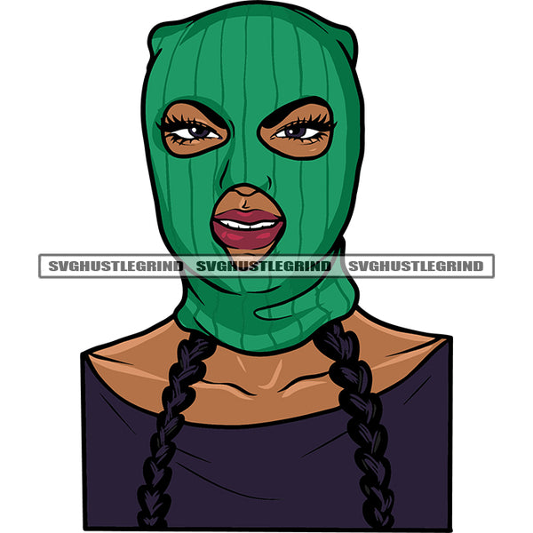Smile Face African American Woman Wearing Ski Mask Afro Short Hairstyle Design Element White Background Gangster Woman SVG JPG PNG Vector Clipart Cricut Silhouette Cut Cutting