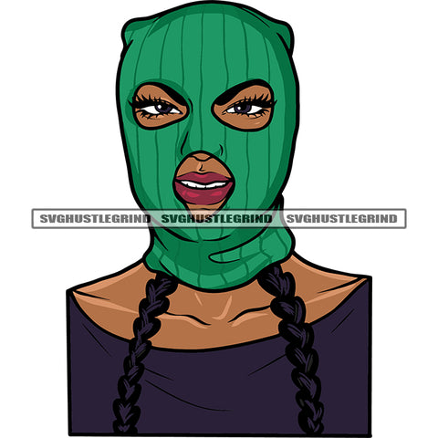 Smile Face African American Woman Wearing Ski Mask Afro Short Hairstyle Design Element White Background Gangster Woman SVG JPG PNG Vector Clipart Cricut Silhouette Cut Cutting