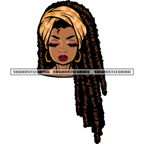 African American Girls Face Design Element Locus Long Hairstyle Girls Wearing Hoop Earing Vector Close Eyes SVG JPG PNG Vector Clipart Cricut Silhouette Cut Cutting