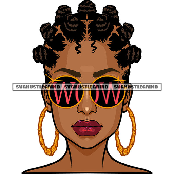 Wow Quote On Sunglass Gangster African American Woman Wearing Sunglass And Hoop Earing Afro Hairstyle Design Element SVG JPG PNG Vector Clipart Cricut Silhouette Cut Cutting