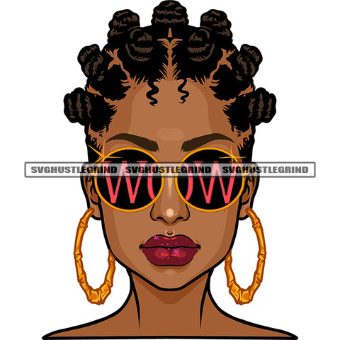 Wow Quote On Sunglass Gangster African American Woman Wearing Sunglass And Hoop Earing Afro Hairstyle Design Element SVG JPG PNG Vector Clipart Cricut Silhouette Cut Cutting