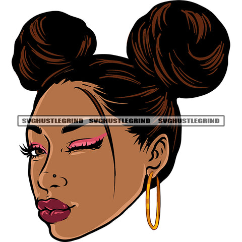 Cute Face African American Woman Face Design Element Afro Woman Wearing Hoop Earing One Eyes Close And One Puffy Hairstyle White Background SVG JPG PNG Vector Clipart Cricut Silhouette Cut Cutting