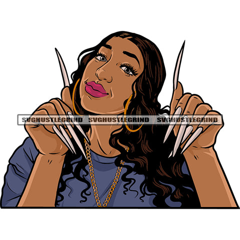 Gangster African American Woman Showing Long Nail Design Element Wearing Hoop Earing Vector Smile Face White Background Curly Hairstyle SVG JPG PNG Vector Clipart Cricut Silhouette Cut Cutting