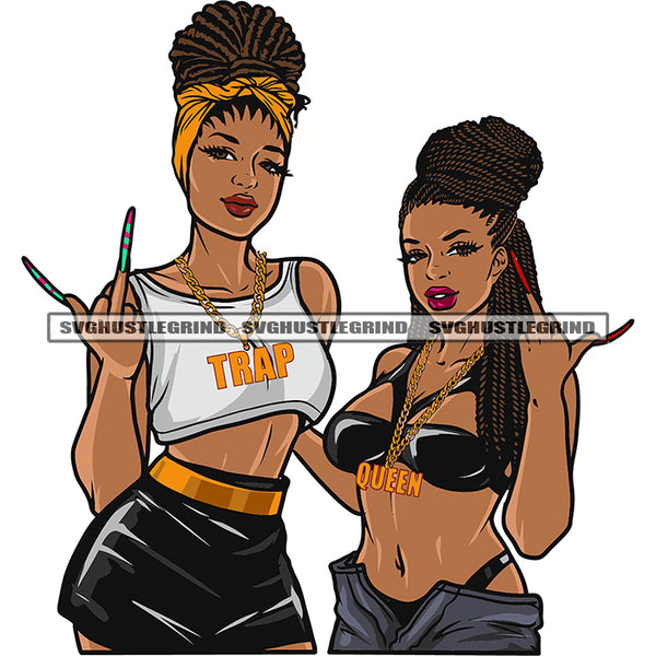 Trap Queen Quote On Locket African American Woman Standing Showing Middle Finger Smile Face Design Element Locus Hairstyle White Background SVG JPG PNG Vector Clipart Cricut Silhouette Cut Cutting