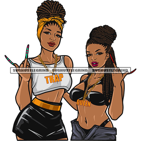 Trap Queen Quote On Locket African American Woman Standing Showing Middle Finger Smile Face Design Element Locus Hairstyle White Background SVG JPG PNG Vector Clipart Cricut Silhouette Cut Cutting