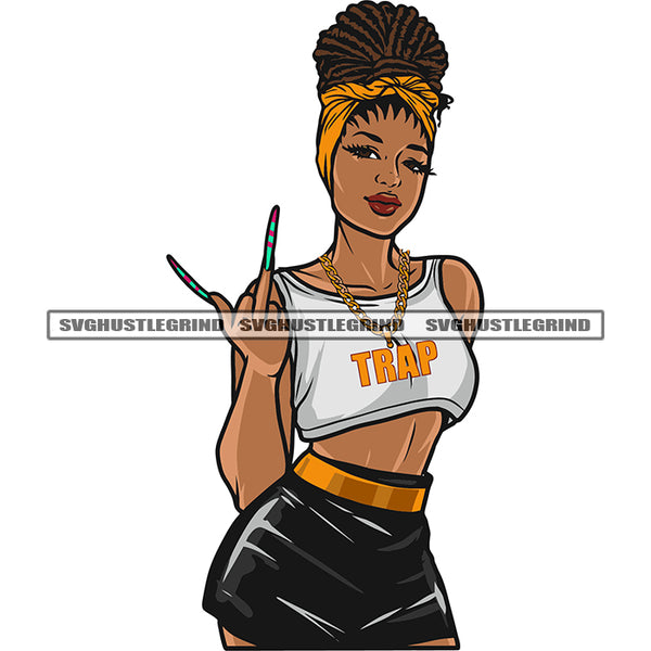 Trap Quote On Woman Locket African American Woman Locus Hairstyle Afro Woman Middle Finger Design Element White Background SVG JPG PNG Vector Clipart Cricut Silhouette Cut Cutting