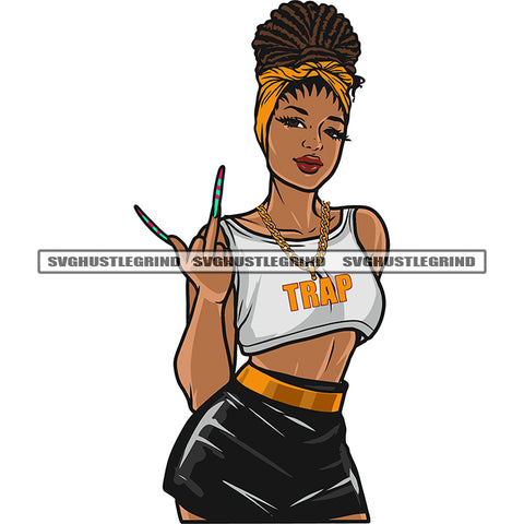 Trap Quote On Woman Locket African American Woman Locus Hairstyle Afro Woman Middle Finger Design Element White Background SVG JPG PNG Vector Clipart Cricut Silhouette Cut Cutting