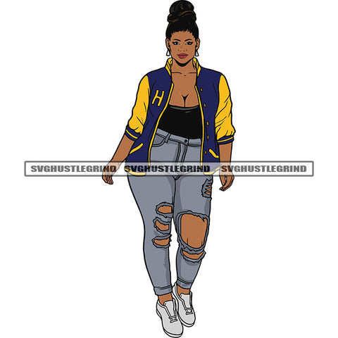 Smile Face Gangster African America Woman Standing Afro Short Hairstyle Design Element Wearing Hoop Earing SVG JPG PNG Vector Clipart Cricut Silhouette Cut Cutting