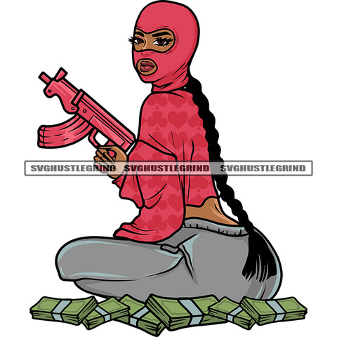 Gangster African American Woman Hand Holding Gun Sitting On Money Bundle Note Long Hair Design Element Afro Woman Wearing Ski Mask SVG JPG PNG Vector Clipart Cricut Silhouette Cut Cutting