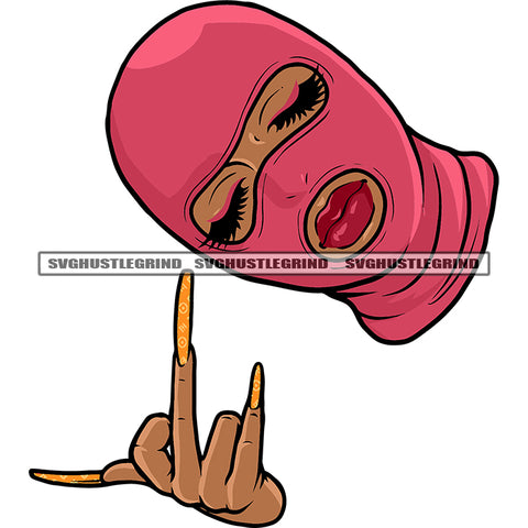 African American Woman Wearing Ski Mask Close Eyes And Showing Middle Finger Long Nail Design Element Attitude Face SVG JPG PNG Vector Clipart Cricut Silhouette Cut Cutting
