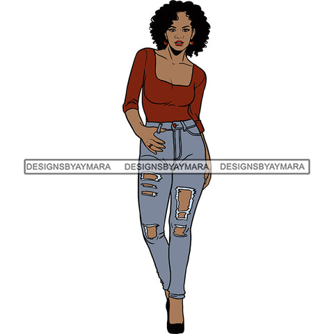 Black Woman In Jeans And Top Posing SVG JPG PNG Vector Clipart Cricut Silhouette Cut Cutting