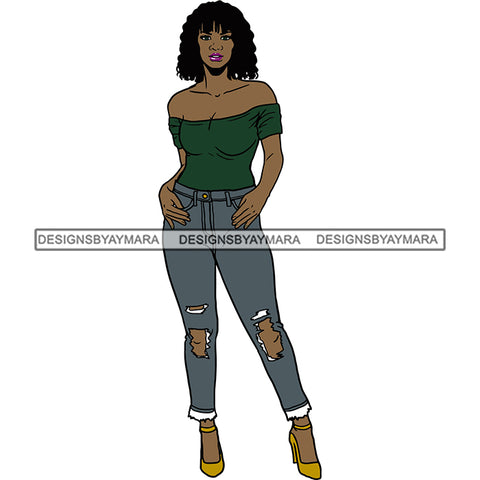 Black Woman Green Top And Jeans Posing SVG JPG PNG Vector Clipart Cricut Silhouette Cut Cutting