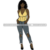 Black Woman Black Yellow Top And Jeans Heels  Posing SVG JPG PNG Vector Clipart Cricut Silhouette Cut Cutting