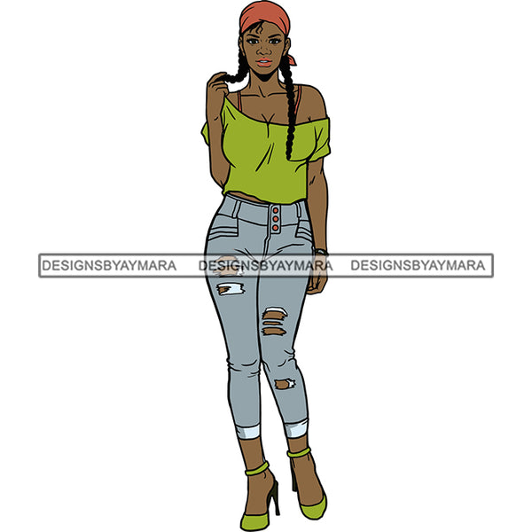 Black Woman Lime Green Top And Jeans Braids Headwrap Posing SVG JPG PNG Vector Clipart Cricut Silhouette Cut Cutting