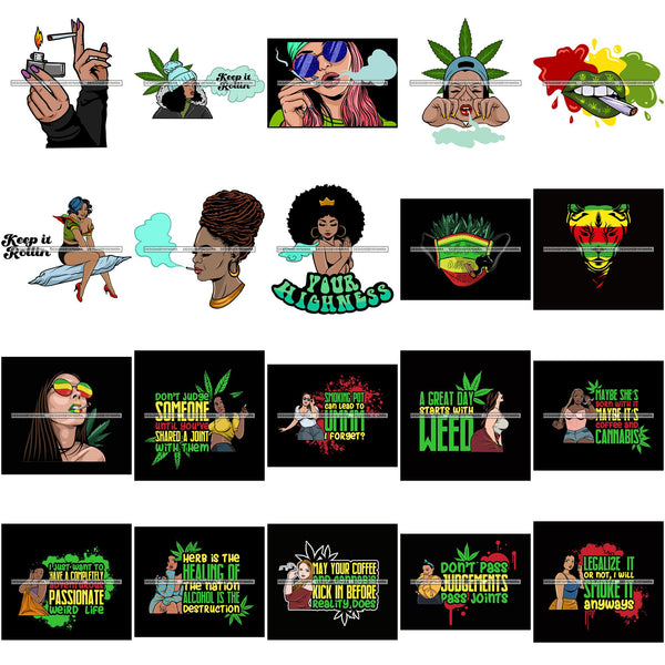 Bundle 20 Ganja Narcotic Joint Blunt Weed Leaf Hydroponics Cannabis Woman Smoking Grass Marijuana SVG Cut Files