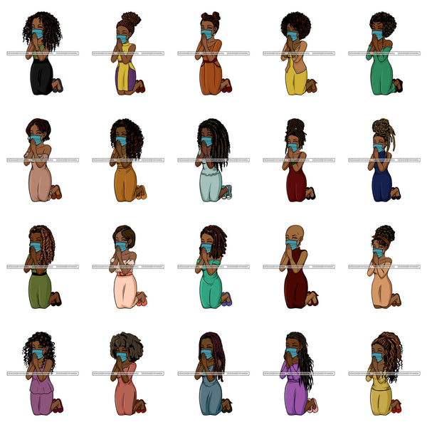 Bundle 20 Black Woman Praying God Quotes Face Mask Begging Prayers Save Life Mujer Orando a Dios SVG Vector Clipart Cutting Files