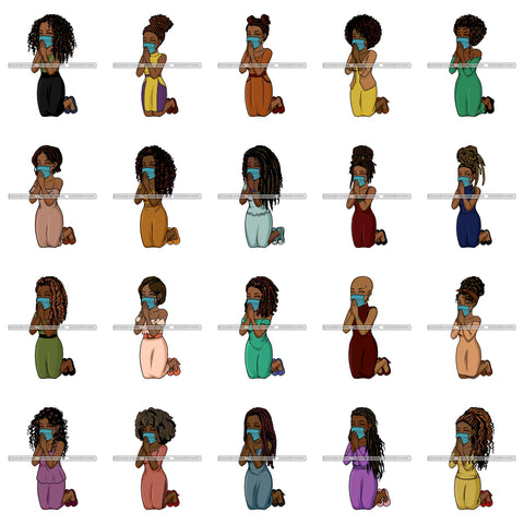 Bundle 20 Black Woman Praying God Quotes Face Mask Begging Prayers Save Life Mujer Orando a Dios SVG Vector Clipart Cutting Files