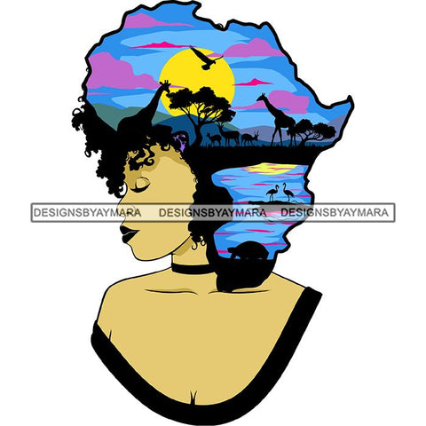 Safari Goddess Africa Continent African American Woman Savanna Animals Hair SVG Cutting Files.