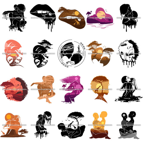 Bundle 20 Sensual African Silhouette Goddess Safari Africa Nature Exotic Culture SVG Cutting Files.