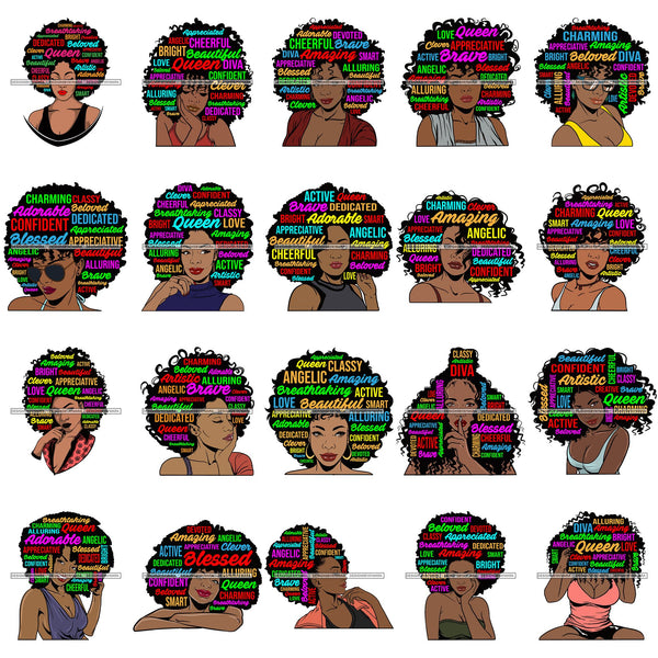 Bundle 20 Afro Pretty Woman Hair Quotes Words Letters Lady Female Qualities SVG Files For Cutting and More!