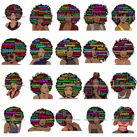 Bundle 20 Afro Pretty Woman Hair Quotes Words Letters Lady Female Qualities SVG Files For Cutting and More!