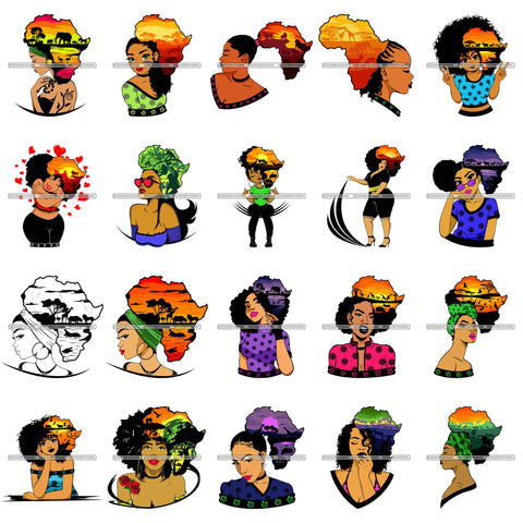 Bundle 20 African American Woman Goddess Safari Savanna Africa Continent SVG Files For Cutting and More!