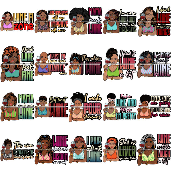 Bundle 20 Afro Lola Drinking Wine Relaxing Chilling Life Quotes Alcohol Consumer .SVG Cutting Files For Silhouette and Cricut and More!