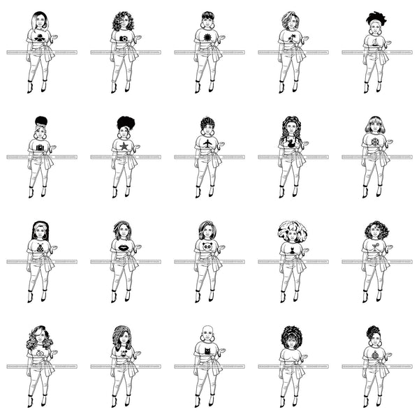 Bundle 20 Afro Lola Boss Confident Classy Woman Black and White Designs SVG Cutting Files For Silhouette Cricut and More