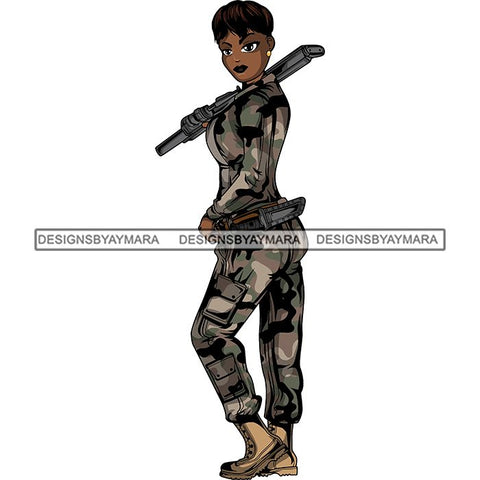 Afro Lola Woman Warrior Military Army Soldier War Camouflage USA Uniform .SVG Clipart Vector Cutting Files For Circuit Silhouette Cricut and More!