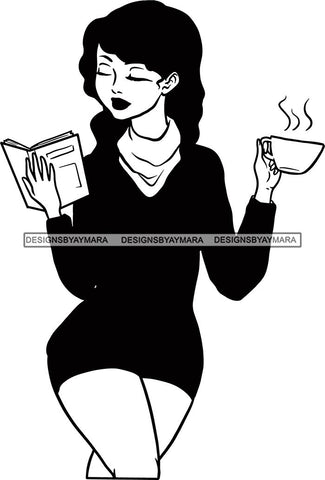 Woman Reading A Book Education Smart Classy Lady Drinking Coffee Wine .SVG Cutting Files For Silhouette Cricut and More!
