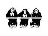 Monkey See Hear Talk Ear Eye Mouth Ape Chimp Chimpanzee Design Art Vector Symbol Primate Gesture .PNG .SVG Clipart Vector Cricut Cut Cutting