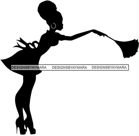 Afro Woman Silhouette Cleaning Holding Broom Maid Housekeeper Bamboo Earrings Gloves Apron Puffy Afro Hairstyle SVG JPG PNG Cutting Files For Silhouette and Cricut